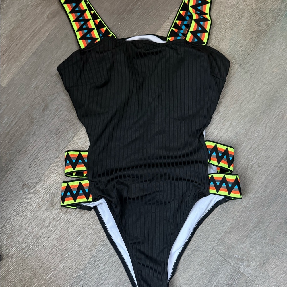 Black One-Piece Swimsuit with Colorful Straps